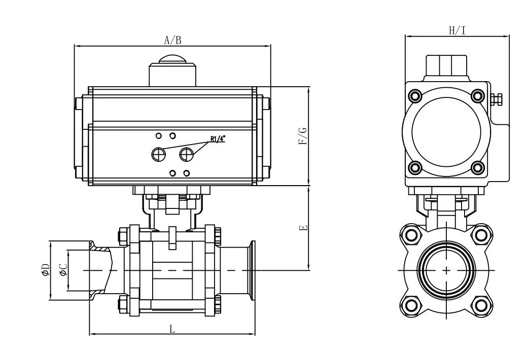 304 316 Hygienic Air Pneumatic Actuated Actuator Two Way Three Pieces 3PC Manual Handle Quick Fit Stainless Steel Clamped Welded Clamp Ball Valve Sanitary Valve